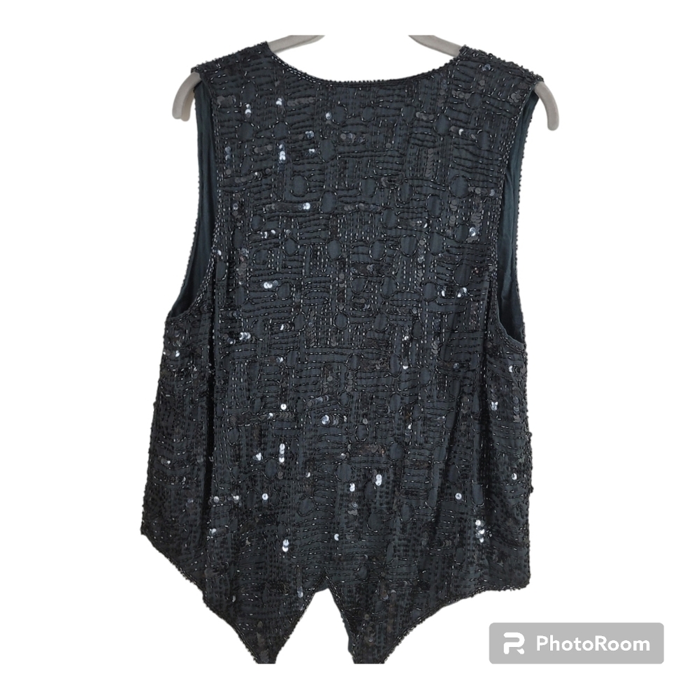 Sweet Sue Black Silk Vest with Black Bugle Beads & Sequins. Sz S - Picture 2 of 10